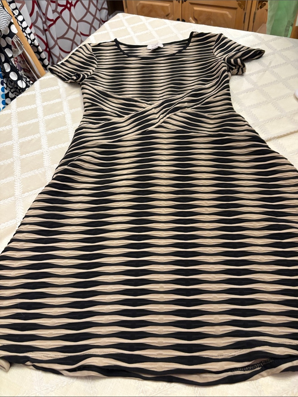 LOFT Black and Cream Striped Short Sleeve Twist-Waist Dress
